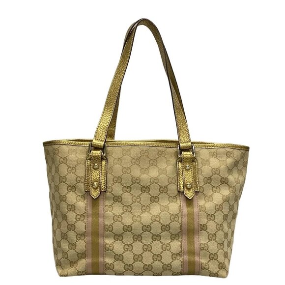Auth GUCCI GG 137396 Beige Gold Pink Jacquard Leather - Tote Bag - Picture 4 of 14